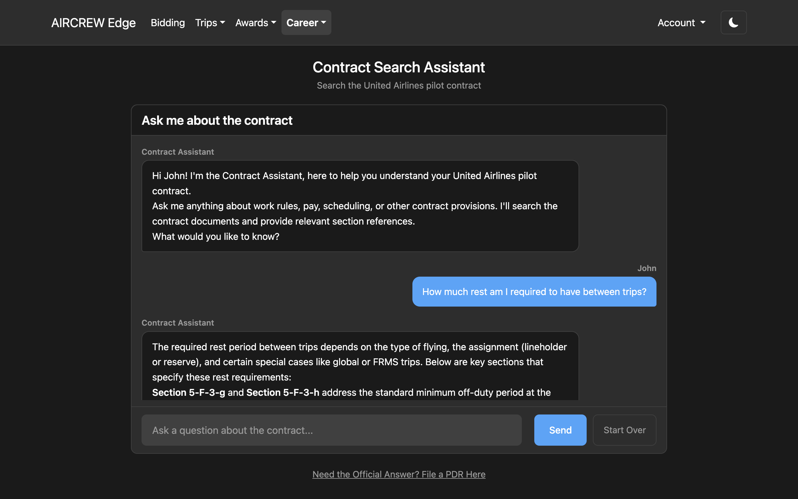 Contract Search Assistant in dark mode answering a rest-requirement question with contract section references