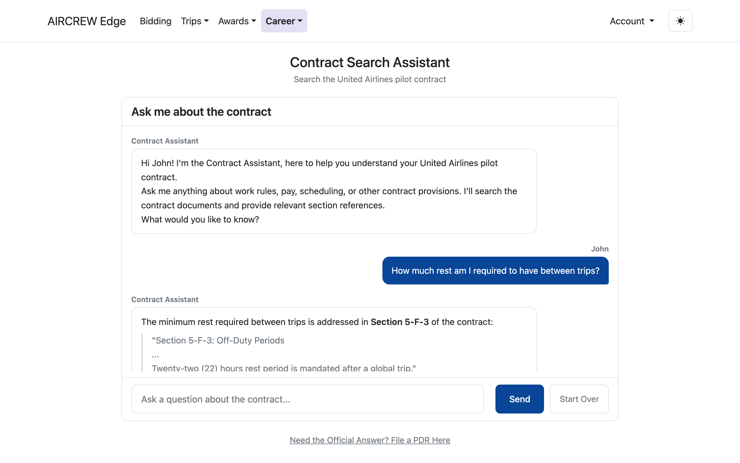 Contract Search Assistant answering a rest-requirement question with contract section references