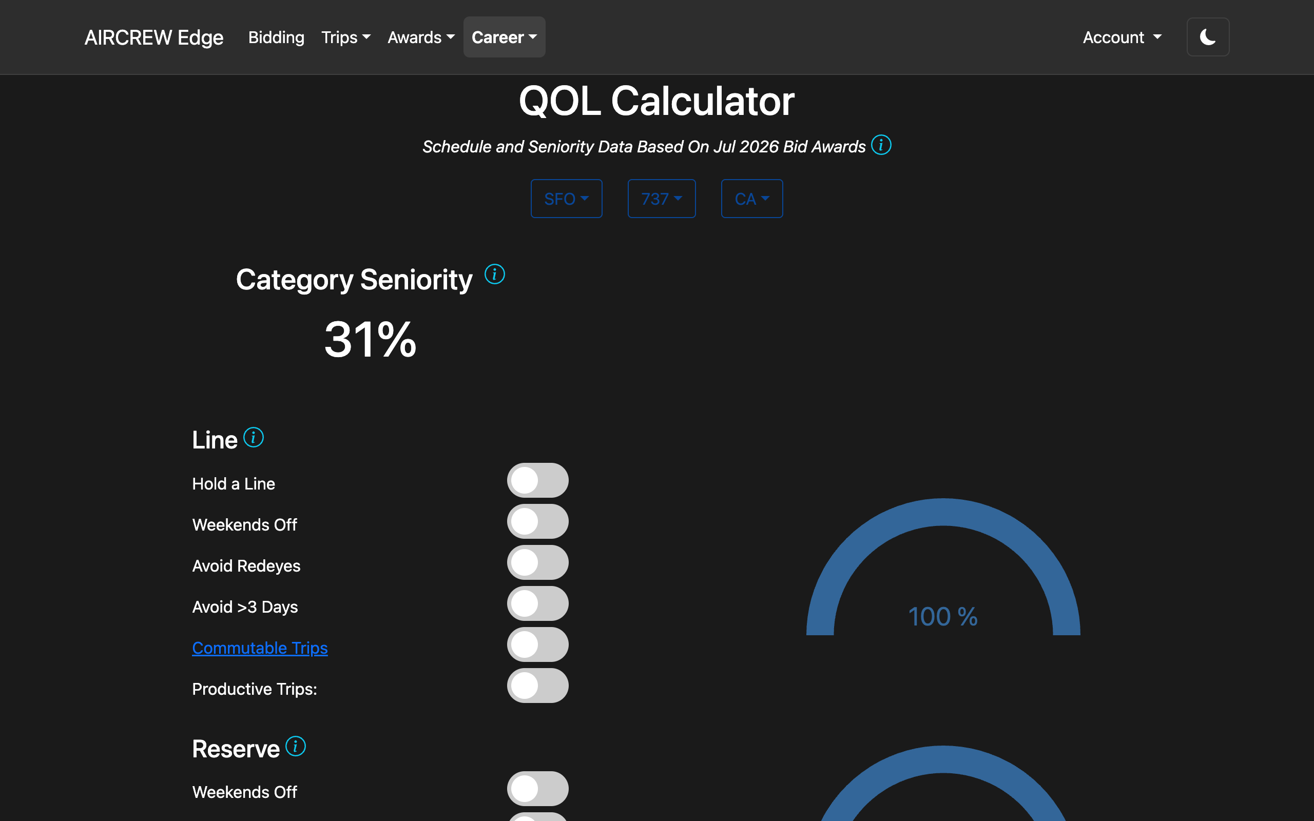 QOL Calculator in dark mode showing what seniority is required to hold weekends off, avoid redeyes, and more