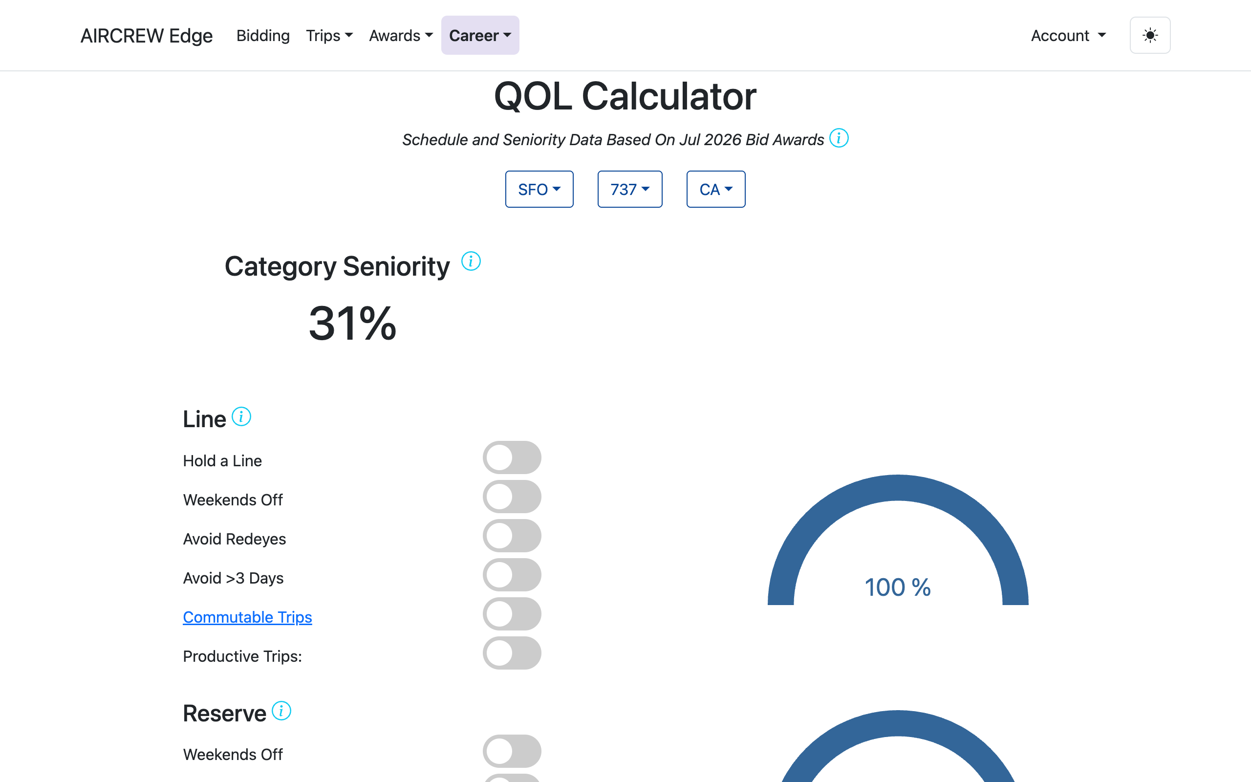 QOL Calculator showing what seniority is required to hold weekends off, avoid redeyes, and more